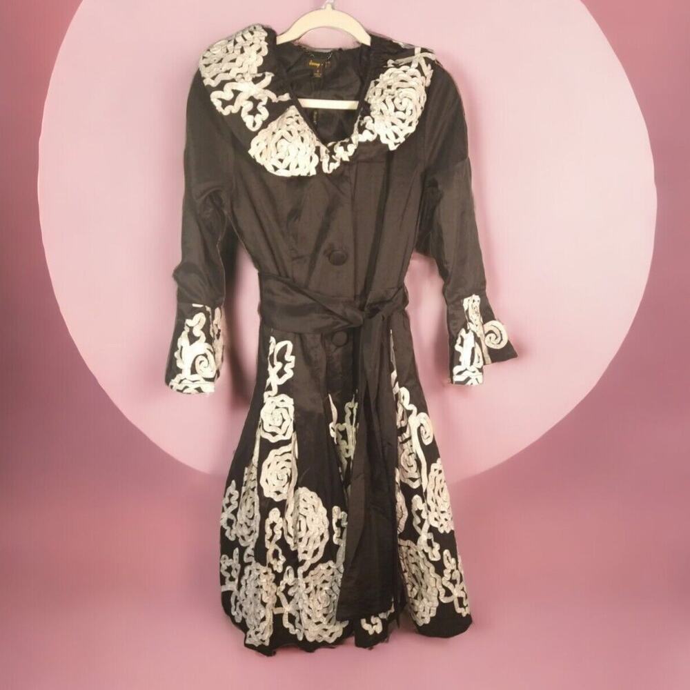 Jerry T Black White Taffeta Dress Jacket S Bell Sleeve Ruffle Bow Church Coat